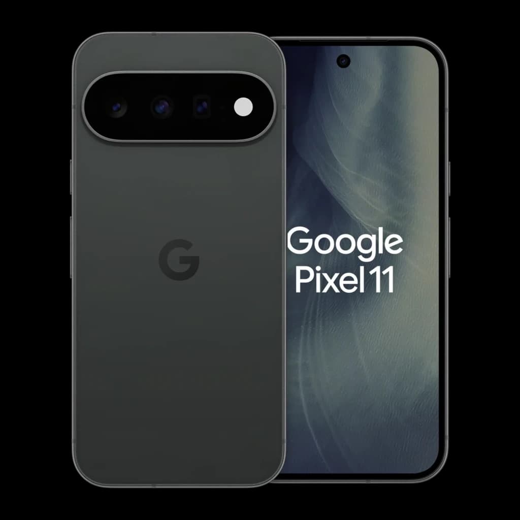 Google Pixel 11 5G Obsidienne, écran OLED 6,3 pouces 120 Hz, bord fin, poinçon central, triple caméra arrière horizontale, finition mate élégante