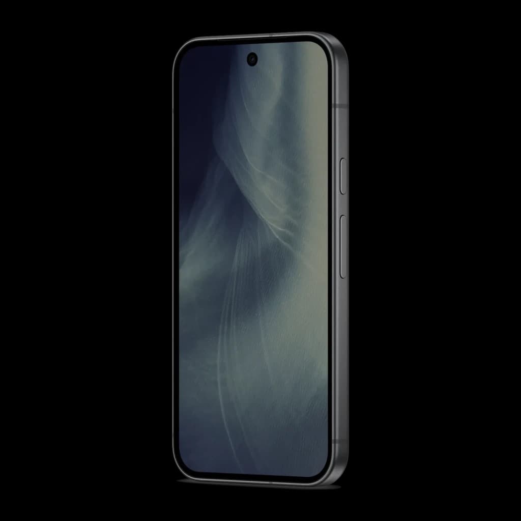 Google Pixel 11 5G obsidienne, écran OLED 6,3 pouces 120 Hz bord à bord, caméra frontale poinçon centrée, cadre fin noir, boutons latéraux discrets