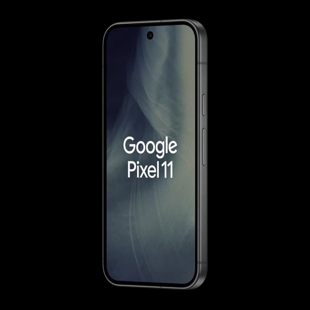Google Pixel 11 5G obsidienne avec écran OLED 6,3 pouces 120 Hz, bords fins, poinçon centré et boutons latéraux discrets, design élégant et sobre