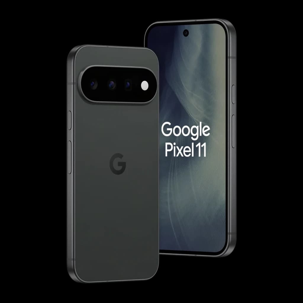 Google Pixel 11 5G obsidienne, écran OLED 6,3 pouces 120 Hz, bordures fines, poinçon central, module photo arrière triple horizontal, finition mate