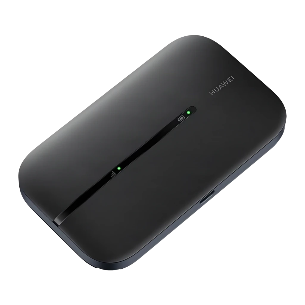 Huawei Router WiFi E5576-325 4G LTE negro, vista superior en ángulo: panel superior con ranura central, indicadores LED