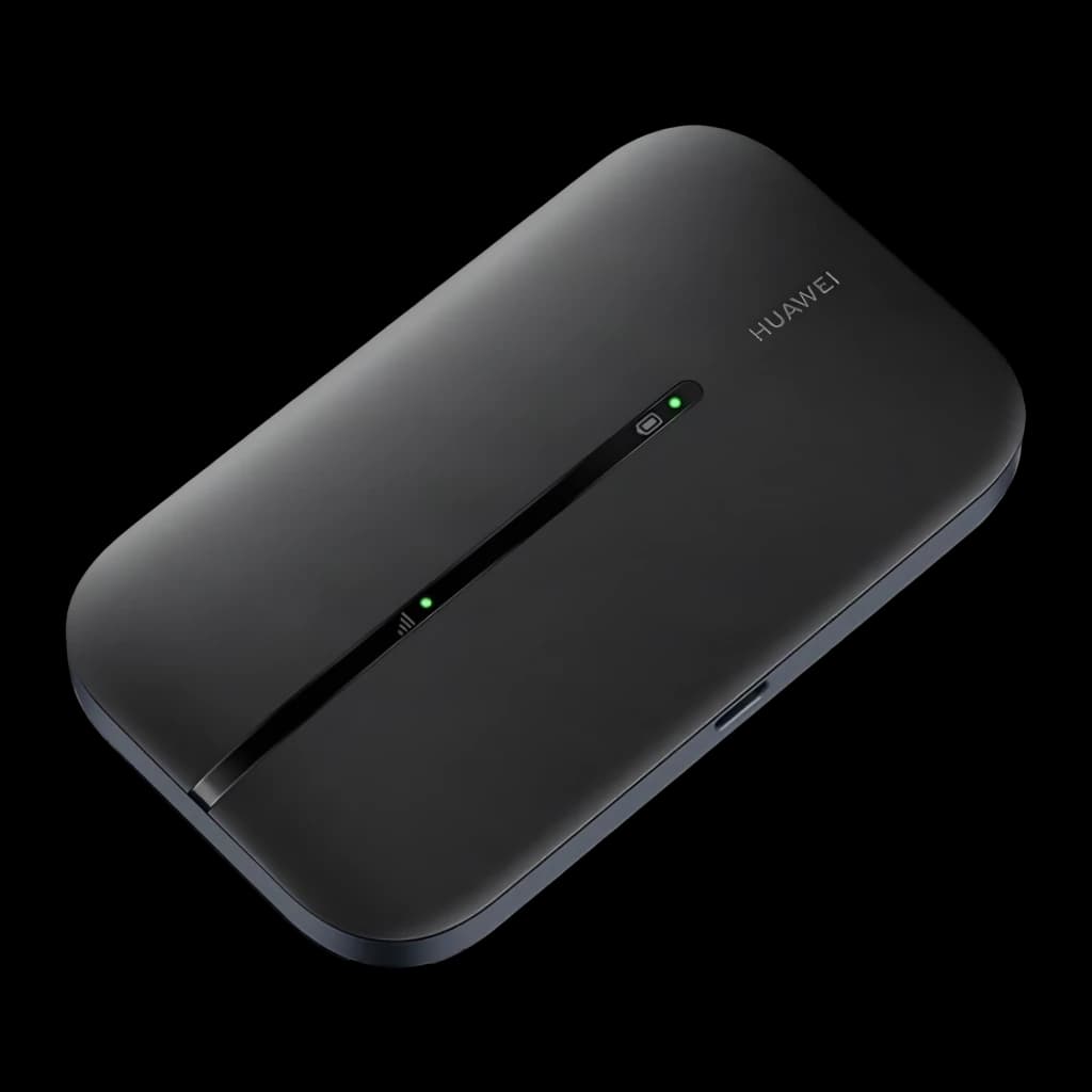 Huawei Router WiFi E5576-325 4G LTE negro, vista superior en ángulo: panel superior con ranura central, indicadores LED