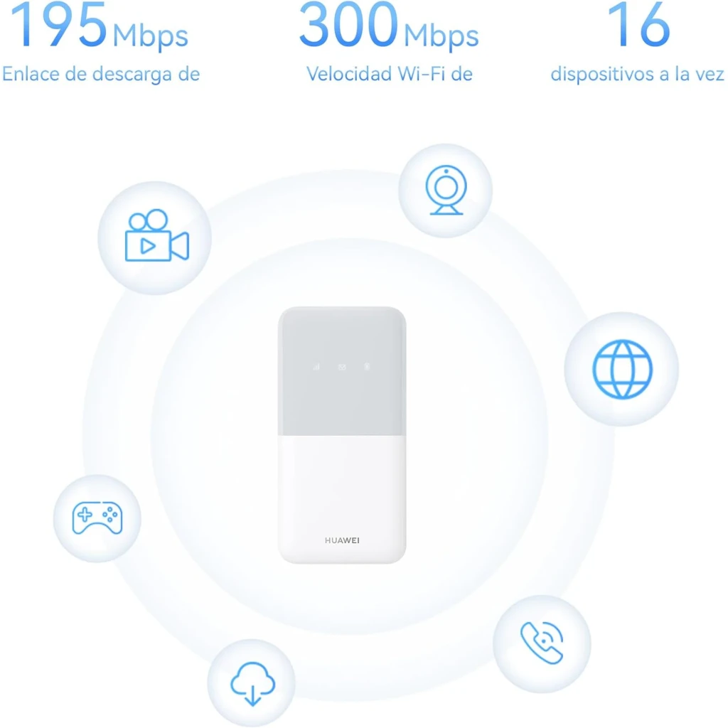 Routeur portable Huawei E5586-326 blanc, boîtier bicolore compact avec voyants LED pour signal, messages et batterie, WiFi 2,4 GHz 4G LTE Cat 4 - Ítem3