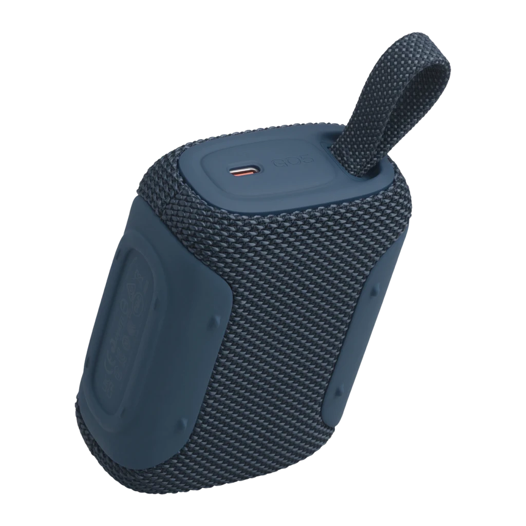 Altavoz portátil JBL GO 5 4,8W Bluetooth en azul, compacto con tela tejida, bordes de goma, correa de transporte y puerto USB-C superior
