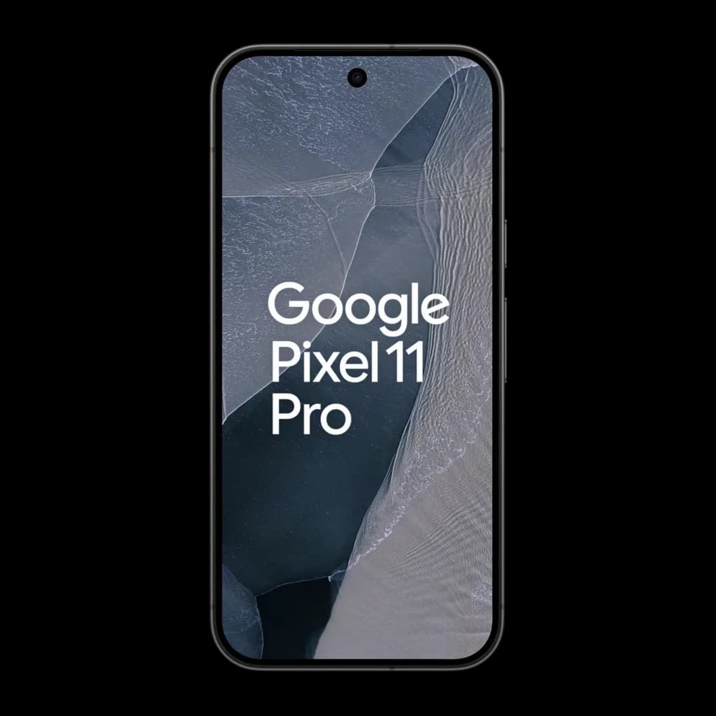 Google Pixel 11 Pro 5G en color obsidiana, pantalla sin marcos con cámara frontal en orificio central, diseño elegante y minimalista
