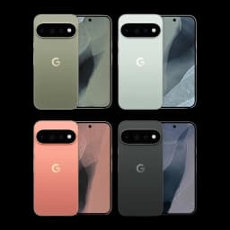 Google Pixel 11 Pro 5G en cuatro colores oliva, verde claro, coral y negro con módulo de triple cámara horizontal y pantalla perforada edge-to-edge