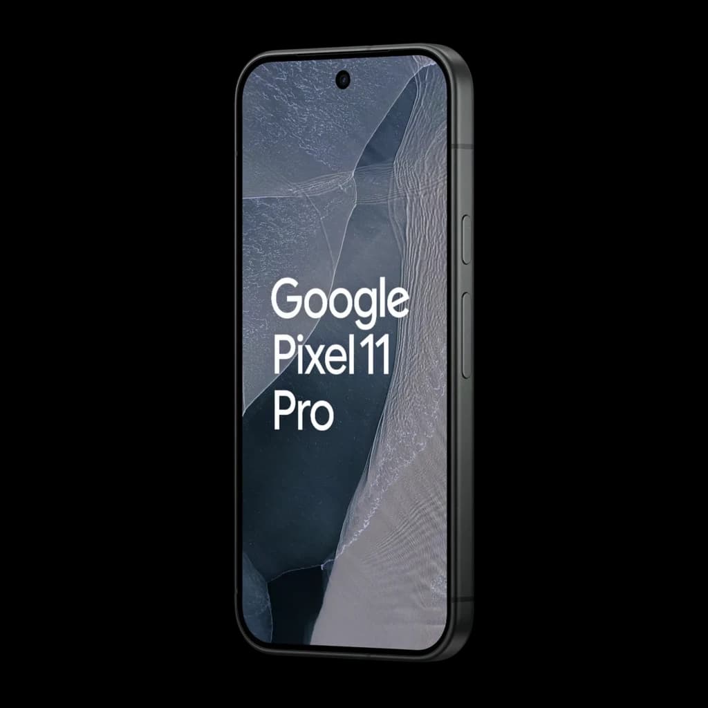 Google Pixel 11 Pro 5G en obsidiana, pantalla borde a borde con cámara frontal perforada, marco metálico con botones laterales, diseño elegante y minimalista