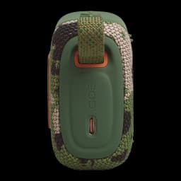 JBL Go 5 Camuflaje, vista trasera: puerto USB-C, grabado GO5, asa textil camo con anclaje naranja