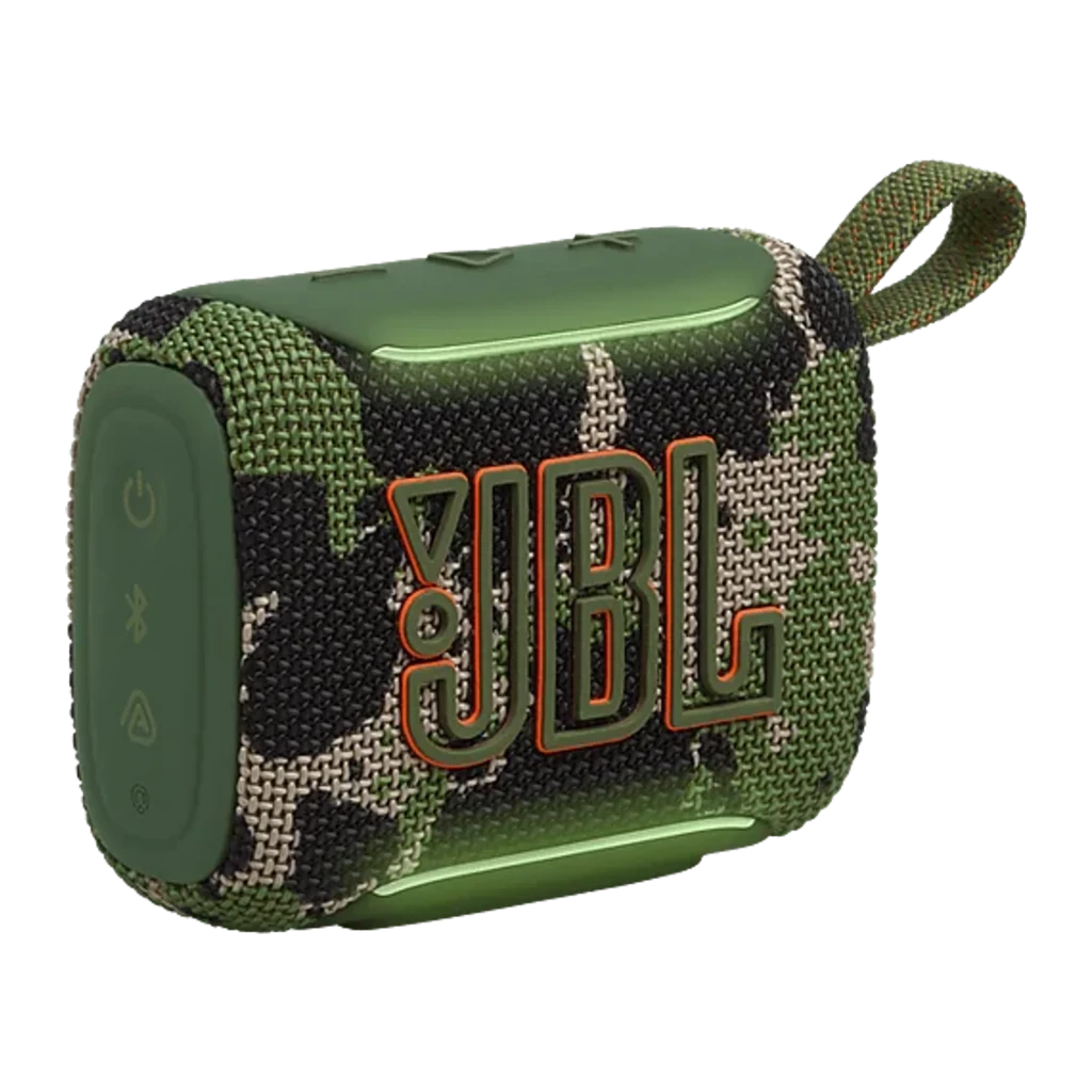 JBL Enceinte Bluetooth Go 5 Camouflage, vue en angle: grille textile camo, logo JBL orange et dragonne verte - Ítem4