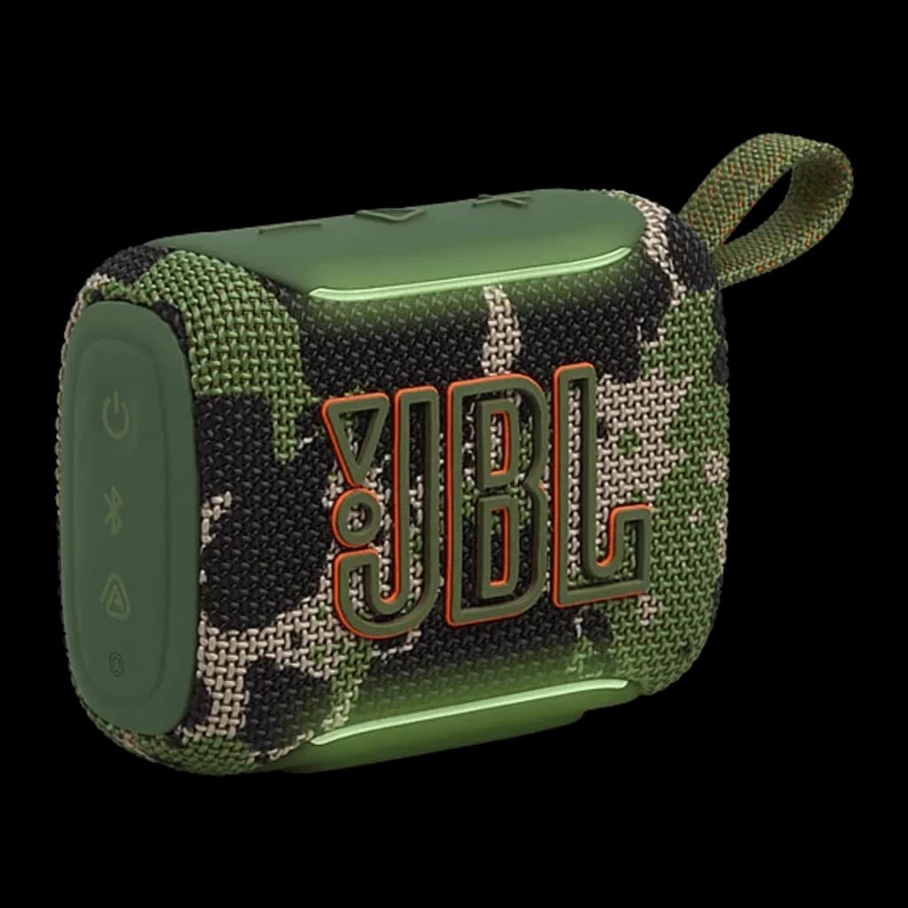 JBL Altavoz Bluetooth Go 5 Camuflaje, vista lateral: logo JBL, tela camuflaje verde y asa de transporte