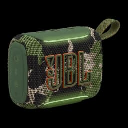 JBL Altavoz Bluetooth Go 5 Camuflaje, vista lateral: logo JBL, tela camuflaje verde y asa de transporte