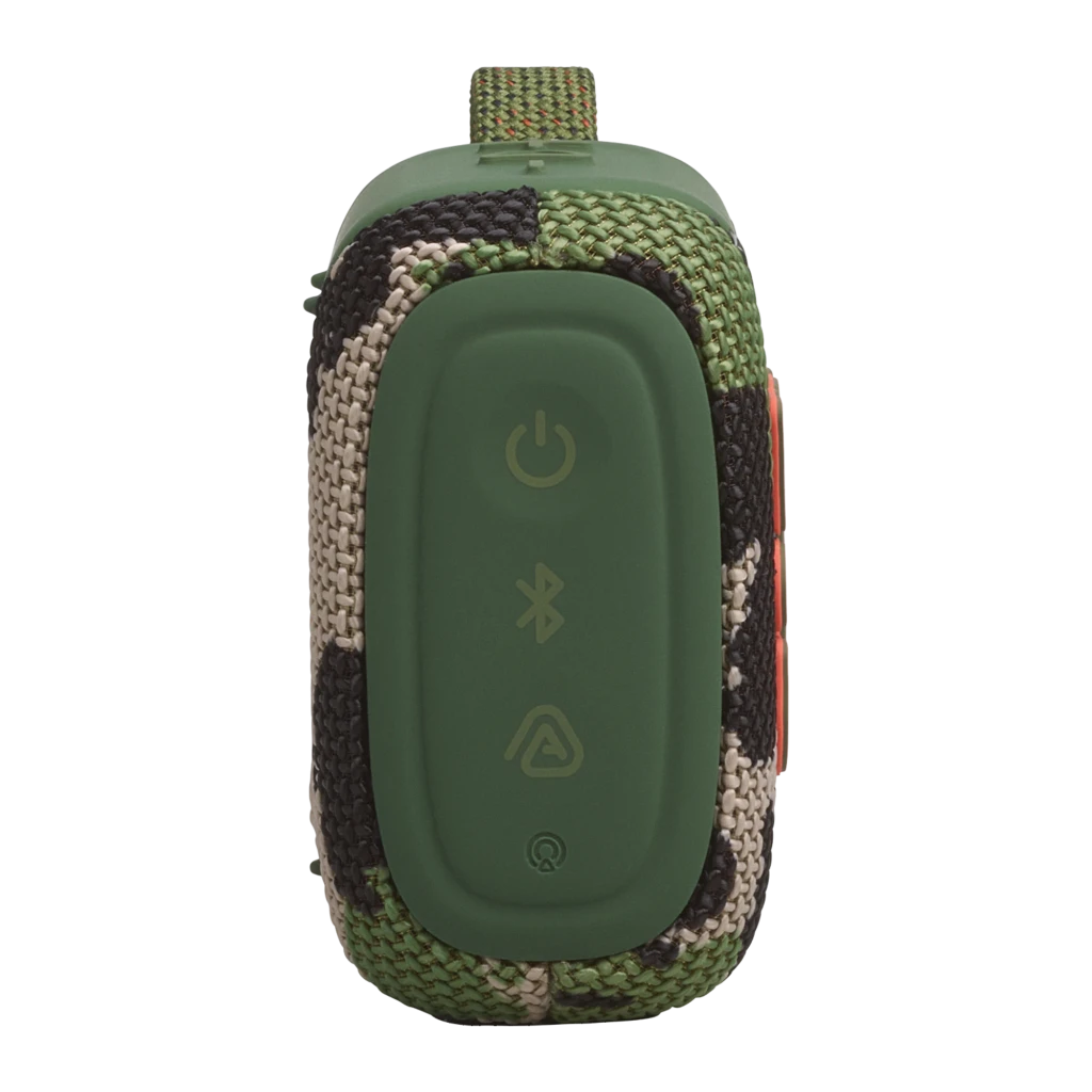 JBL Enceinte Bluetooth Go 5 Camouflage, vue en angle: grille textile camo, logo JBL orange et dragonne verte - Ítem5