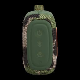 JBL Altavoz Bluetooth Go 5 Camuflaje, vista trasera: panel verde con botones de encendido, Bluetooth y JBL One