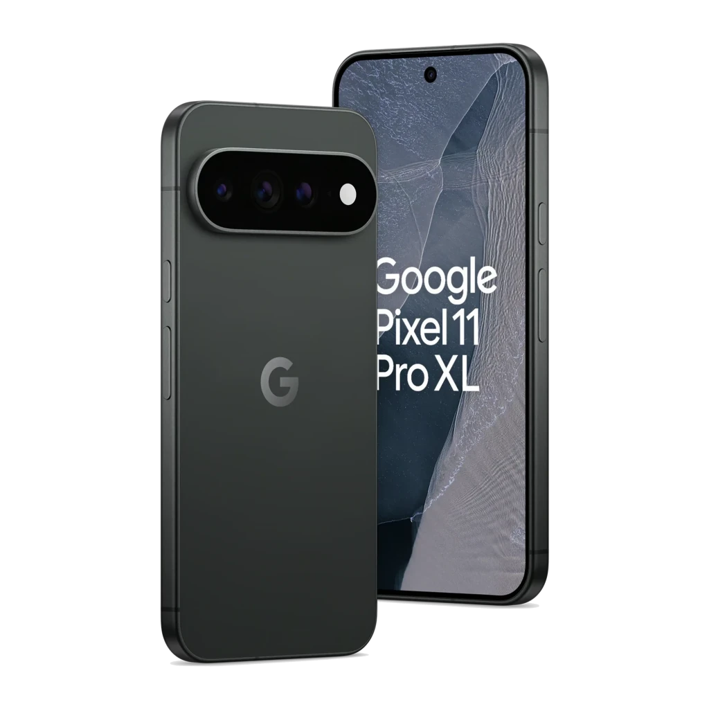 Smartphone Google Pixel 11 Pro XL em obsidiana, tela ampla com furo central, módulo traseiro com três câmeras e logotipo G ao centro - Item1