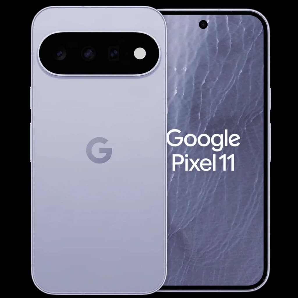 Google Pixel 11 5G violet, écran bord à bord avec poinçon centré, dos mat avec logo G, module photo horizontal noir triple capteur, bords fins en métal