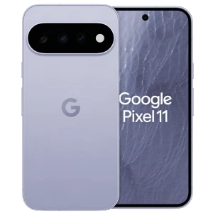 Google Pixel 11 5G lilás com tela perfurada e bordas finas, módulo traseiro preto com três câmeras e flash, logo G central, acabamento premium