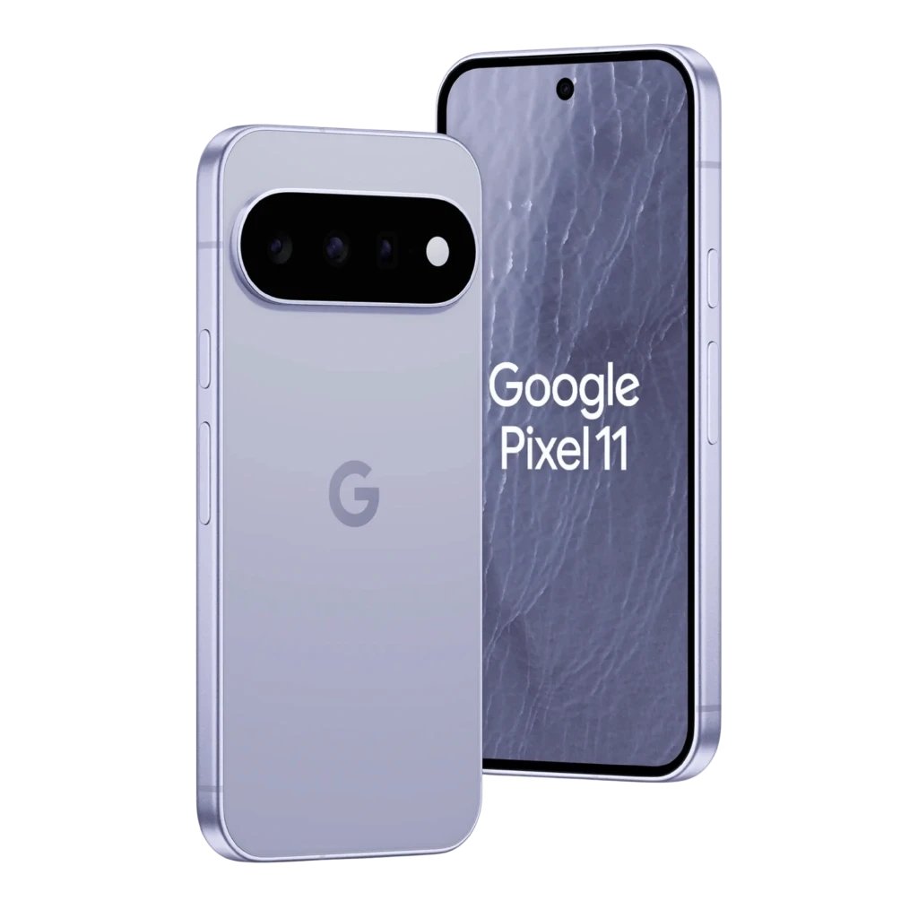 Google Pixel 11 5G lilás com tela perfurada e bordas finas, módulo traseiro preto com três câmeras e flash, logo G central, acabamento premium - Item8
