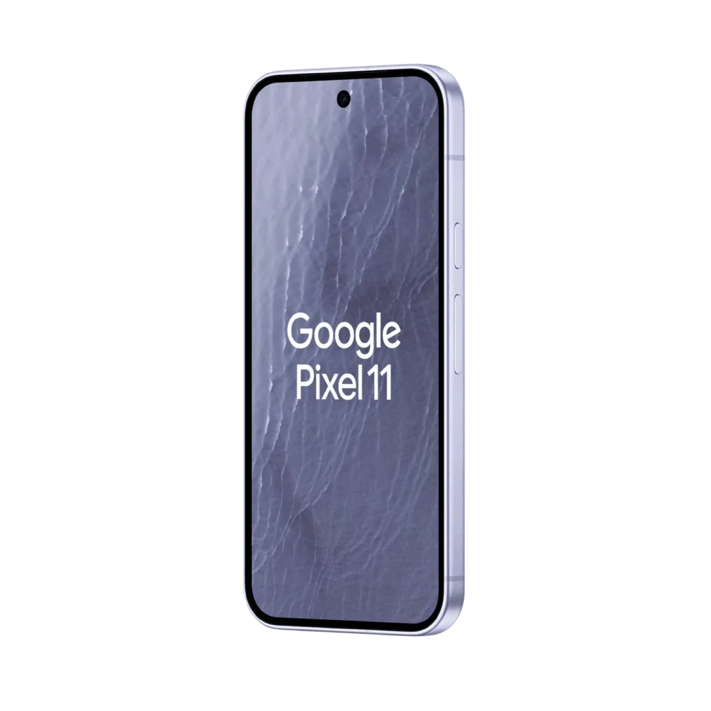 Google Pixel 11 5G lilás com tela perfurada e bordas finas, módulo traseiro preto com três câmeras e flash, logo G central, acabamento premium - Item7