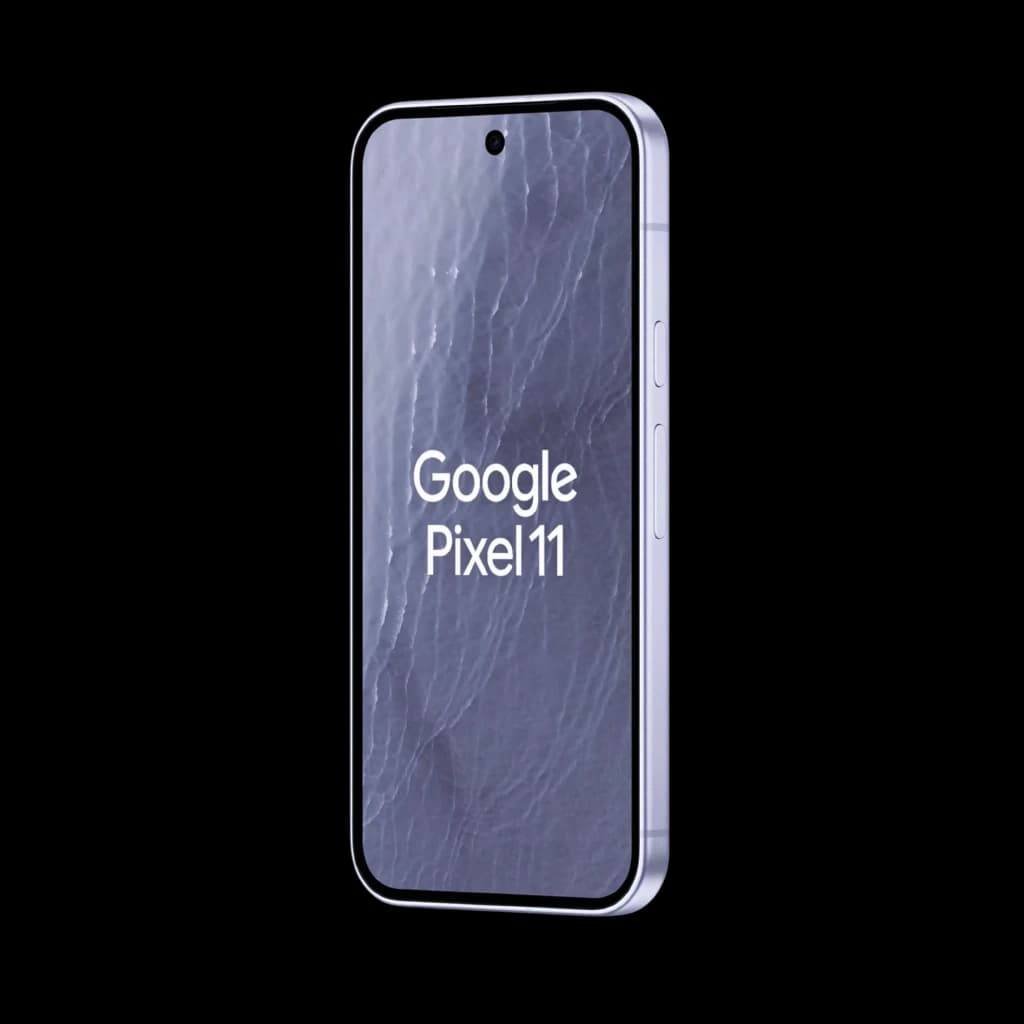 Smartphone Google Pixel 11 5G argent, écran bord à bord avec poinçon central, bords plats en métal, boutons latéraux visibles, design fin et moderne