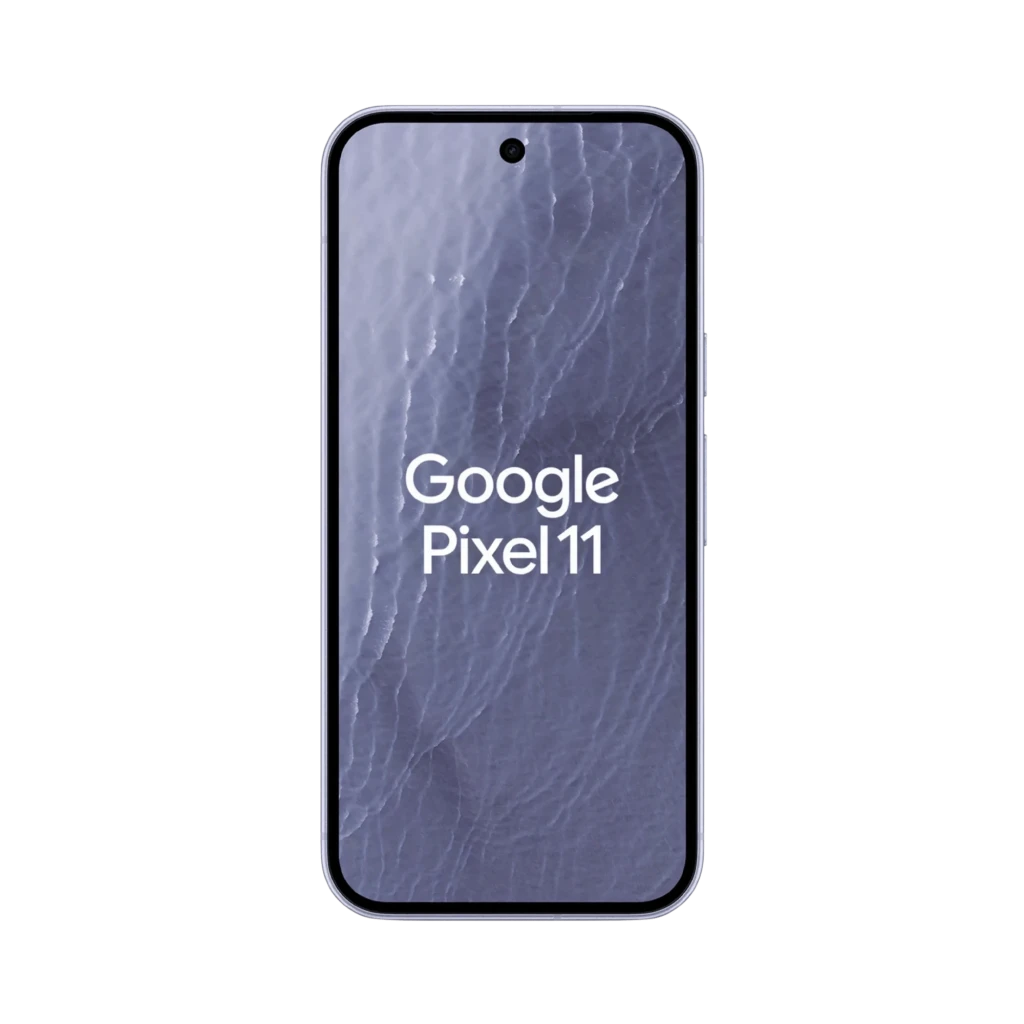 Google Pixel 11 5G lilás com tela perfurada e bordas finas, módulo traseiro preto com três câmeras e flash, logo G central, acabamento premium - Item6