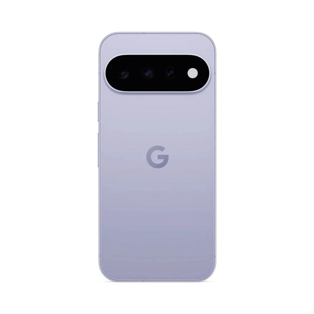 Google Pixel 11 5G lilás com tela perfurada e bordas finas, módulo traseiro preto com três câmeras e flash, logo G central, acabamento premium - Item5