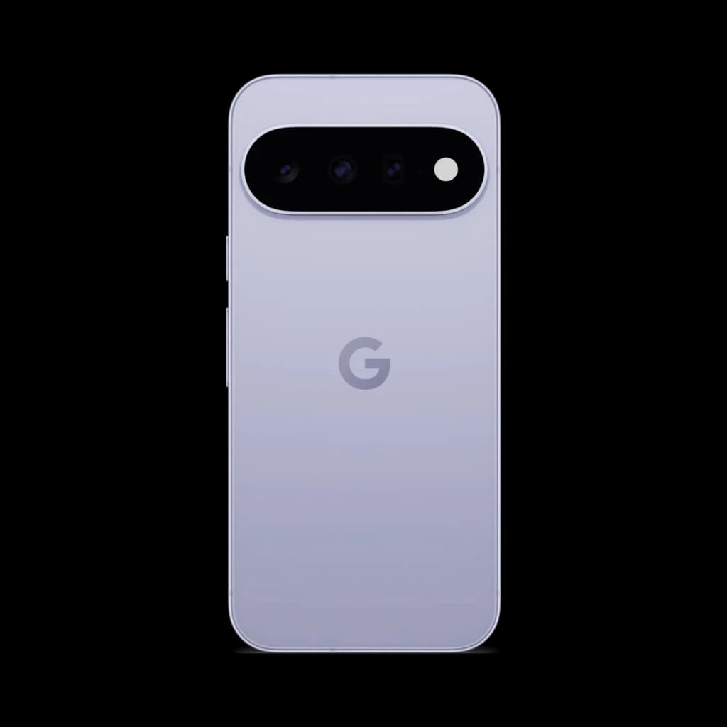 Dos du smartphone violet au fini mat Google Pixel 11 5G avec module photo horizontal noir, triple capteur et flash, logo G centré, bords arrondis