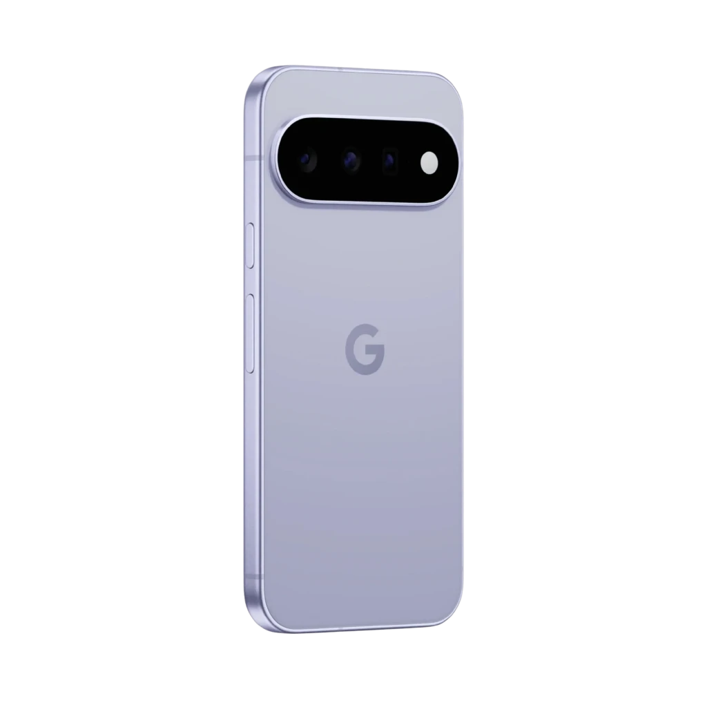 Google Pixel 11 5G lilás com tela perfurada e bordas finas, módulo traseiro preto com três câmeras e flash, logo G central, acabamento premium - Item3