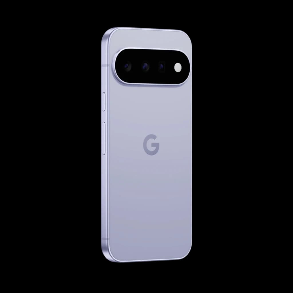 Google Pixel 11 5G 12 Go/256 Go coque violette mate, bords plats, module photo arrière triple avec zoom optique et flash, logo G centré