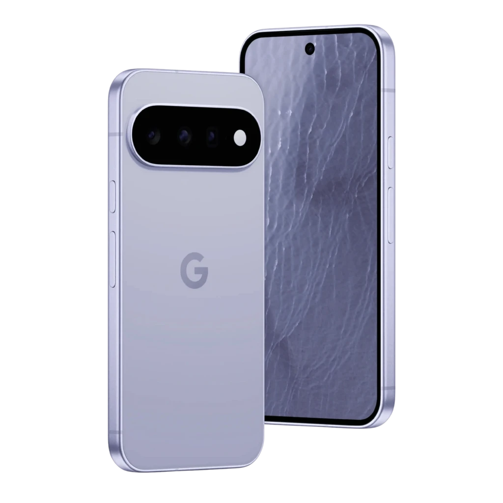 Google Pixel 11 5G lilás com tela perfurada e bordas finas, módulo traseiro preto com três câmeras e flash, logo G central, acabamento premium - Item1