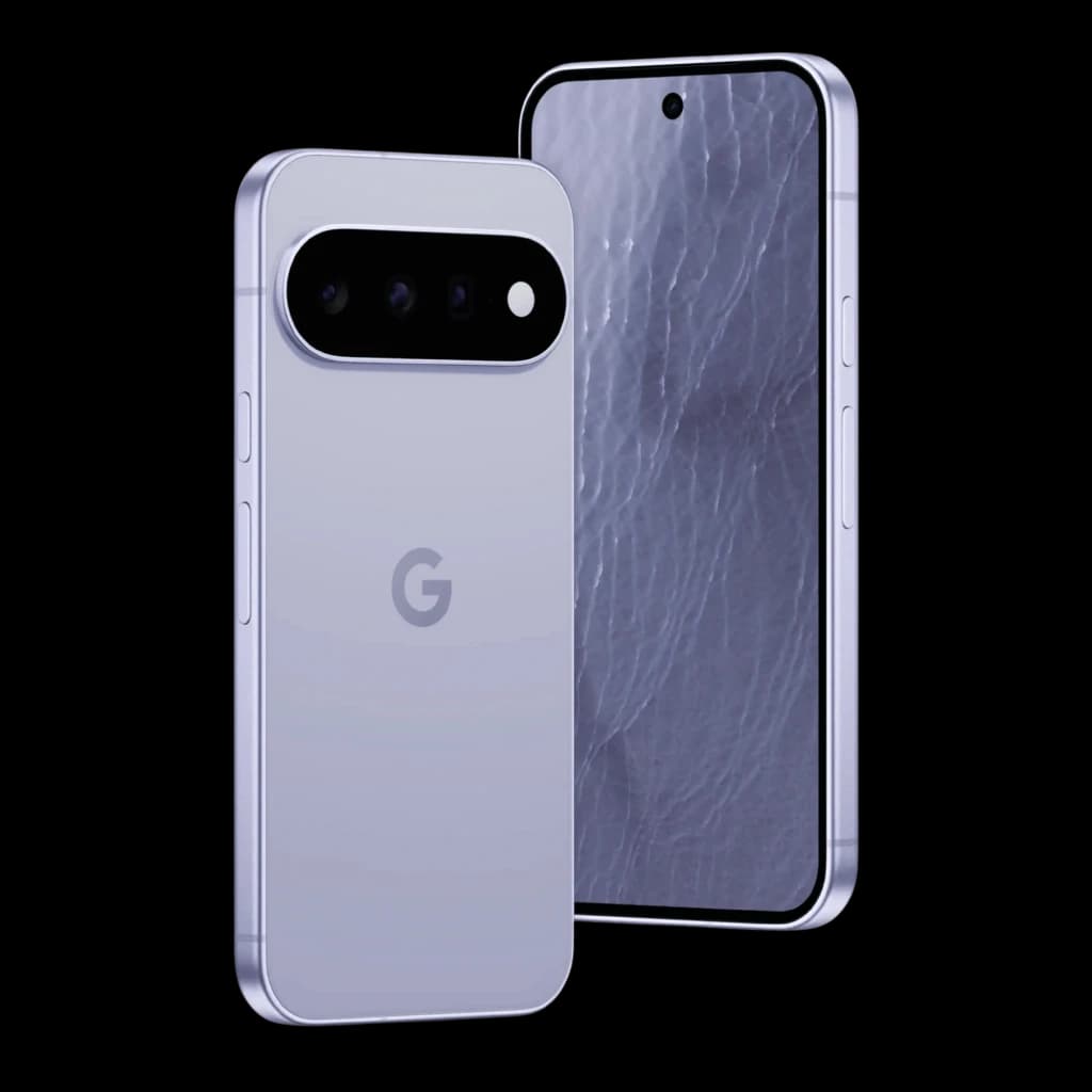 Google Pixel 11 5G, écran bord à bord avec poinçon central, dos violet mat, module photo horizontal noir avec triple capteur et zoom optique, bords plats