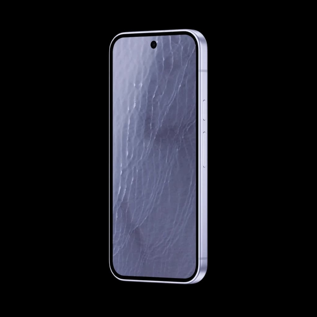 Smartphone Google Pixel 11 5G violet, écran bord à bord avec poinçon central, bords plats métalliques, boutons latéraux discrets, design fin et élégant