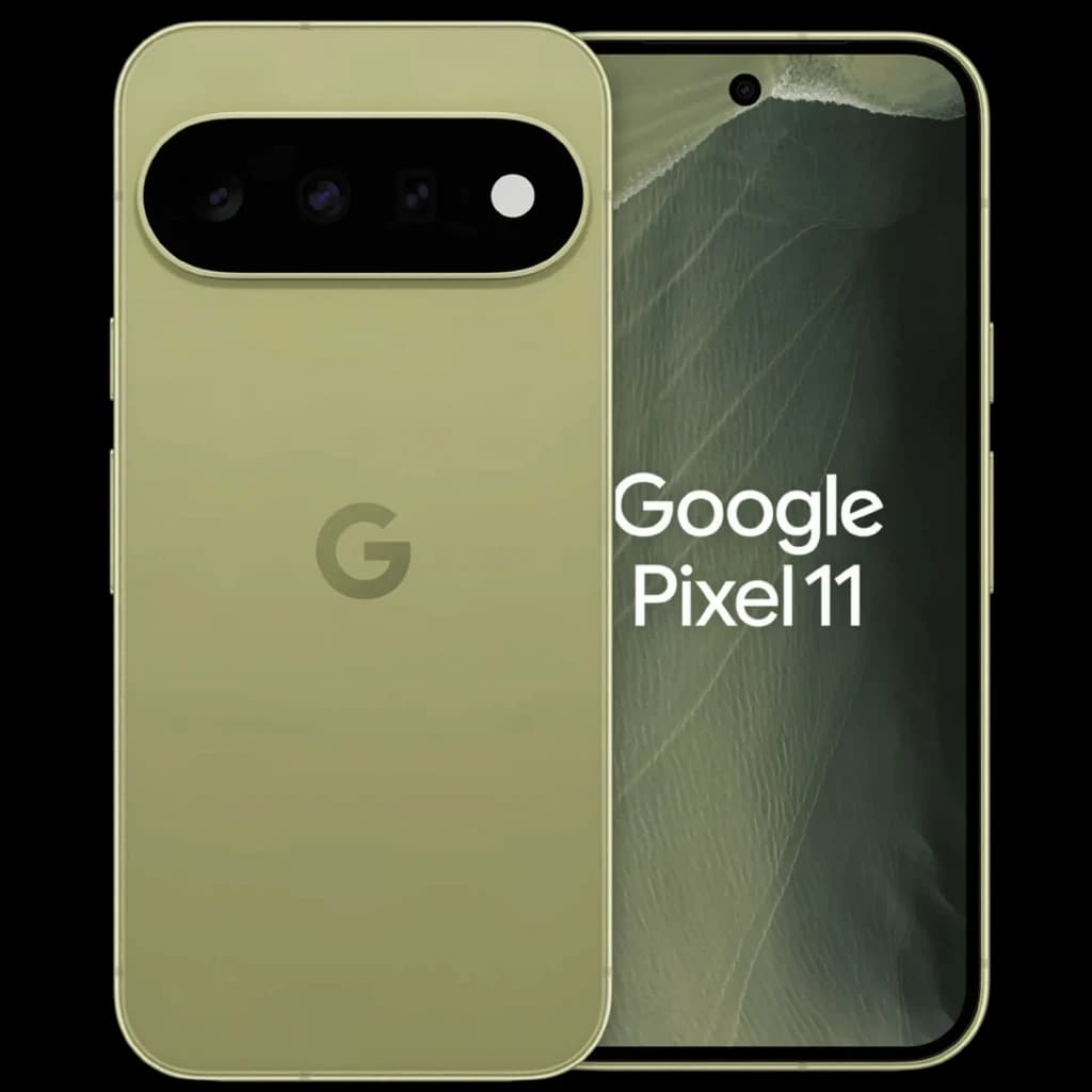 Google Pixel 11 5G Obsidienne, écran OLED 6,3 pouces 120 Hz, bord fin, poinçon central, triple caméra arrière horizontale, finition mate élégante