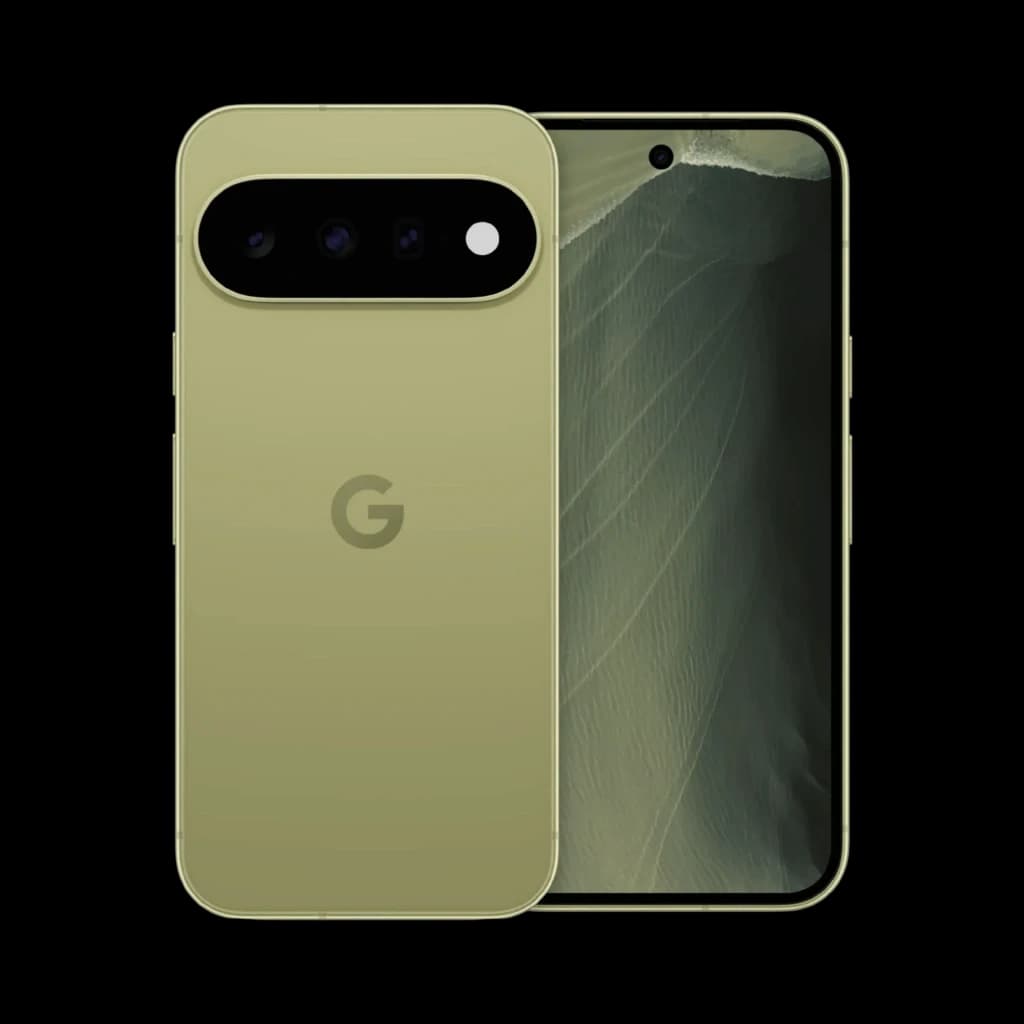 Google Pixel 11 5G coloris pistache avec triple caméra arrière horizontale, écran bord à bord avec poinçon centré, dos mat et logo G distinctif
