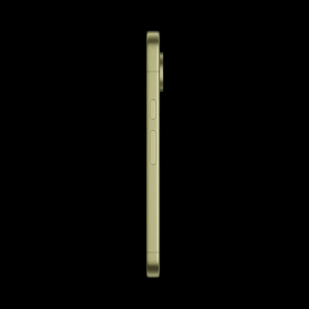 Profil latéral du Google Pixel 11 5G coloris Pistache montrant tranche plate en métal, boutons volume et alimentation, module photo arrière légèrement