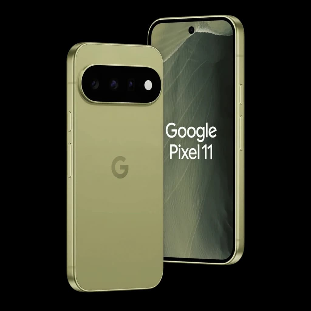 Smartphone vert pistache avec écran bord à bord perforé, triple capteur arrière dans module noir, logo G centré, boutons latéraux assortis