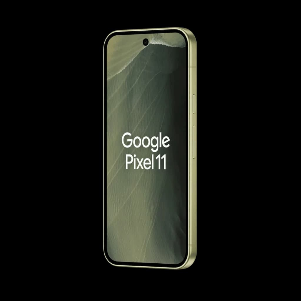 Google Pixel 11 5G pistache avec écran bord à bord, poinçon centré et bords fins, châssis vert mat, boutons latéraux assortis, design élégant