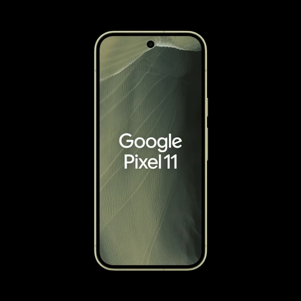 Smartphone Google Pixel 11 pistache, écran bord à bord avec poinçon central, bords fins et symétriques, façade vitrée au ton vert sable élégant