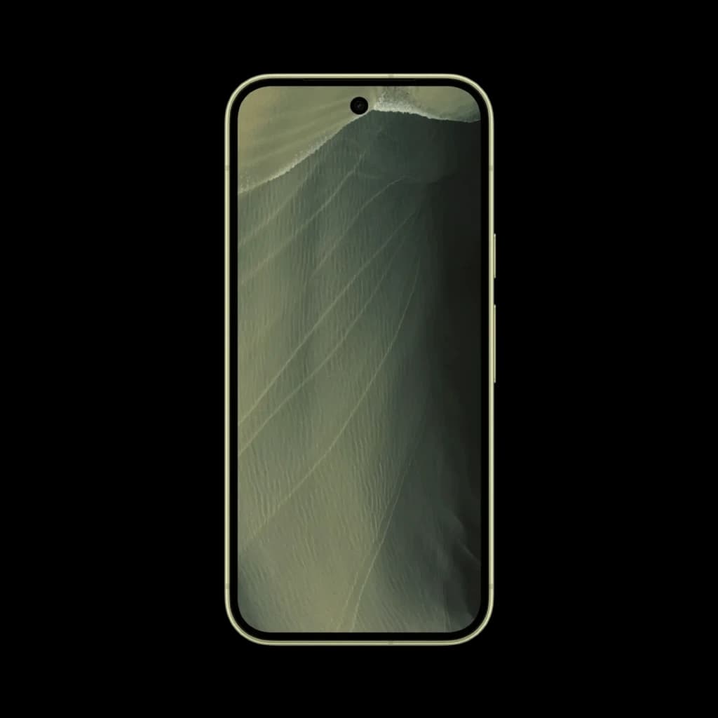 Google Pixel 11 5G pistache avec écran bord à bord, poinçon centré et fines bordures; design sobre vert sable, 12 Go RAM et 256 Go stockage