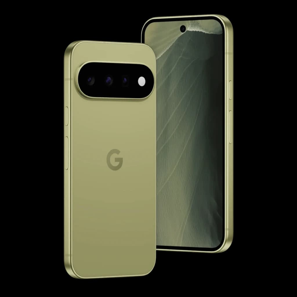 Google Pixel 11 5G pistache avec triple caméra horizontale, dos mat vert, écran bord à bord avec poinçon central, boutons latéraux assortis
