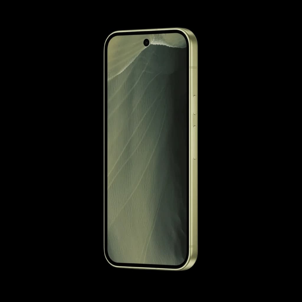 Google Pixel 11 5G pistache avec écran bord à bord perforé centré, bords plats en métal, boutons latéraux, finition vert doux élégante