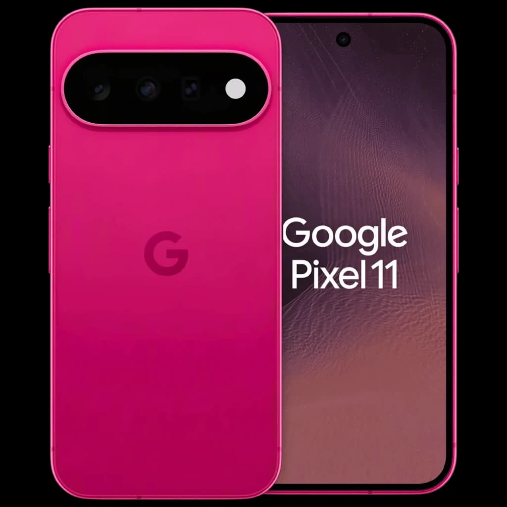 Google Pixel 11 5G hibiscus vif avec écran bord à bord, module photo arrière triple horizontal, logo G centré, bords plats et finition mate élégante