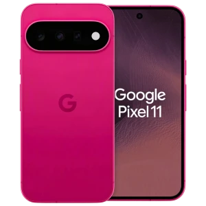 Google Pixel 11 5G cor Hibiscus com traseira rosa brilhante, módulo de câmera tripla horizontal, tela plana com furo central e logo G ao centro
