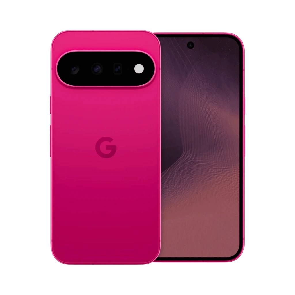 Google Pixel 11 5G cor Hibiscus com traseira rosa brilhante, módulo de câmera tripla horizontal, tela plana com furo central e logo G ao centro - Item1