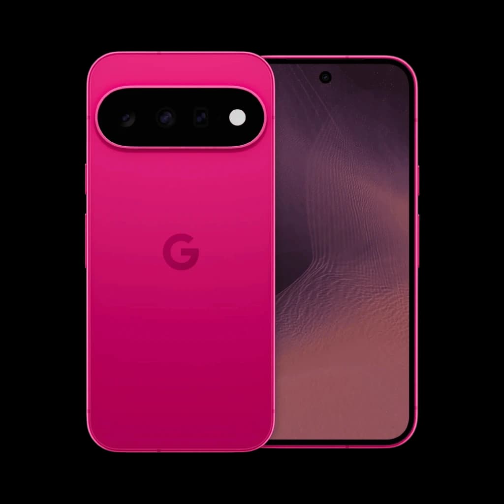 Smartphone hibiscus vif avec écran bord à bord, poinçon central, triple caméra arrière horizontale et logo G au dos; design épuré et moderne