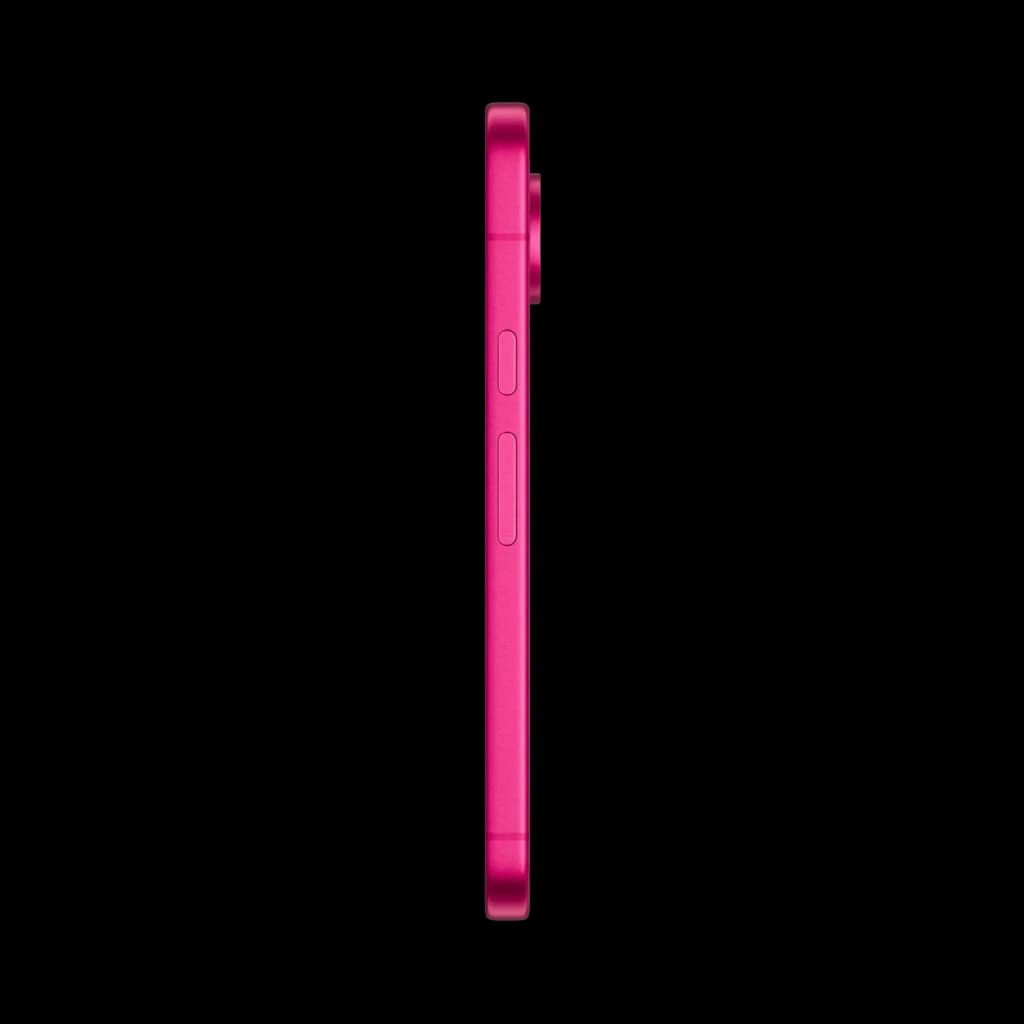 Profil latéral du Google Pixel 11 5G Hibiscus montrant un châssis rose vif, bouton d’alimentation et volume, module photo arrière proéminent