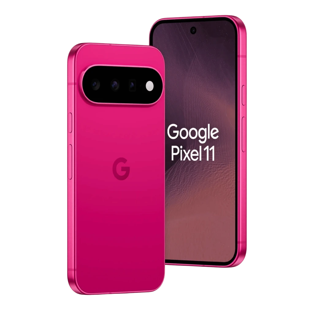 Google Pixel 11 5G cor Hibiscus com traseira rosa brilhante, módulo de câmera tripla horizontal, tela plana com furo central e logo G ao centro - Item3