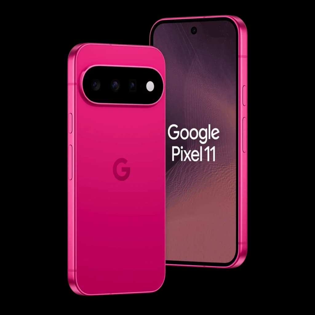 Google Pixel 11 5G hibiscus avec écran bord à bord, poinçon centré, double module photo arrière horizontal, cadre métal rose, logo G au dos