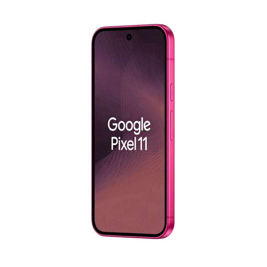 Google Pixel 11 5G cor Hibiscus com traseira rosa brilhante, módulo de câmera tripla horizontal, tela plana com furo central e logo G ao centro - Item4