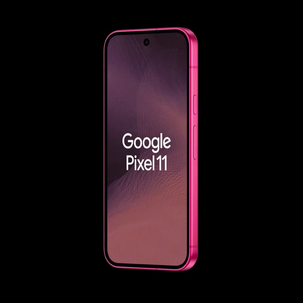 Google Pixel 11 5G hibiscus, écran bord à bord avec poinçon central, cadre rose métallisé, boutons latéraux assortis, design fin et élégant