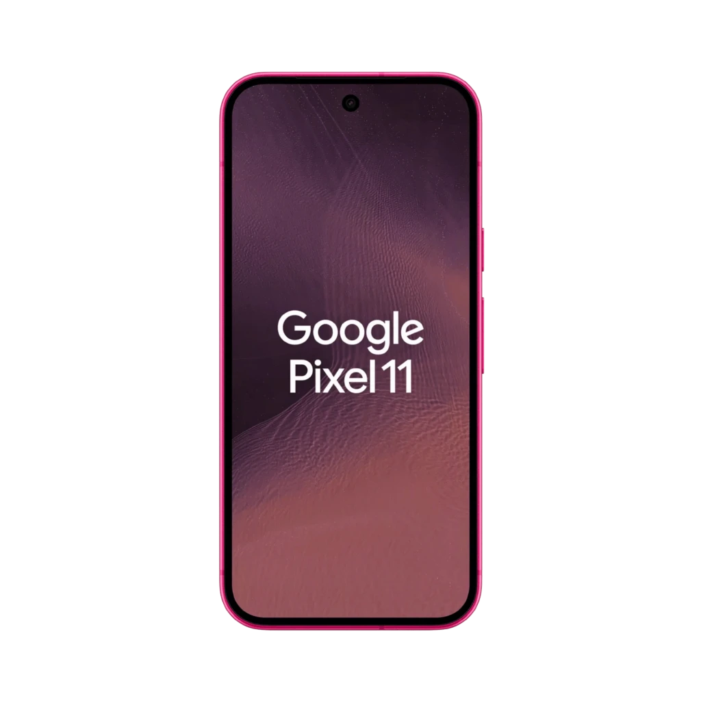 Google Pixel 11 5G cor Hibiscus com traseira rosa brilhante, módulo de câmera tripla horizontal, tela plana com furo central e logo G ao centro - Item5